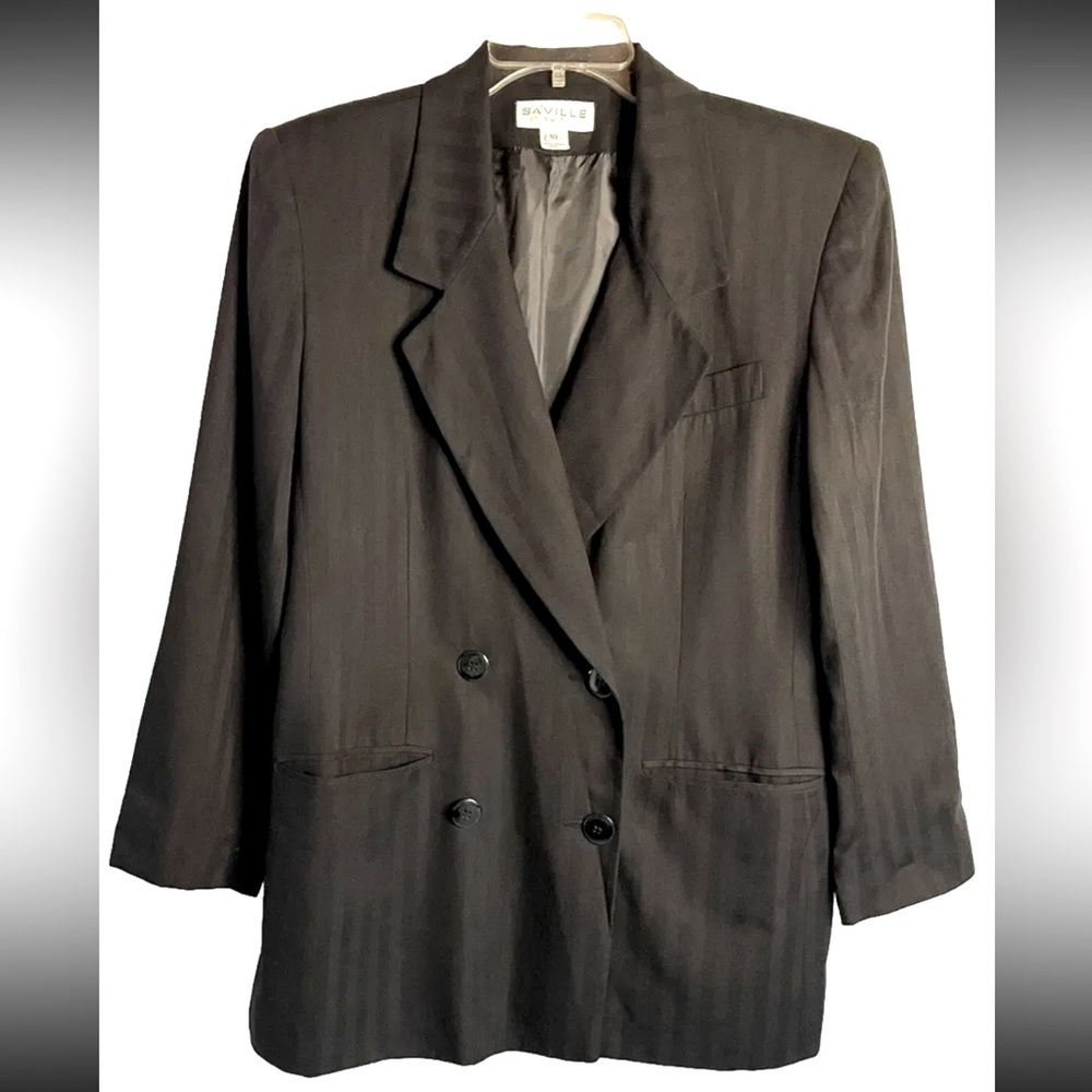 Saville Suit Jacket Women’s Size 10 Black 4-Button 100% Rayon Subtle Pin Stripe